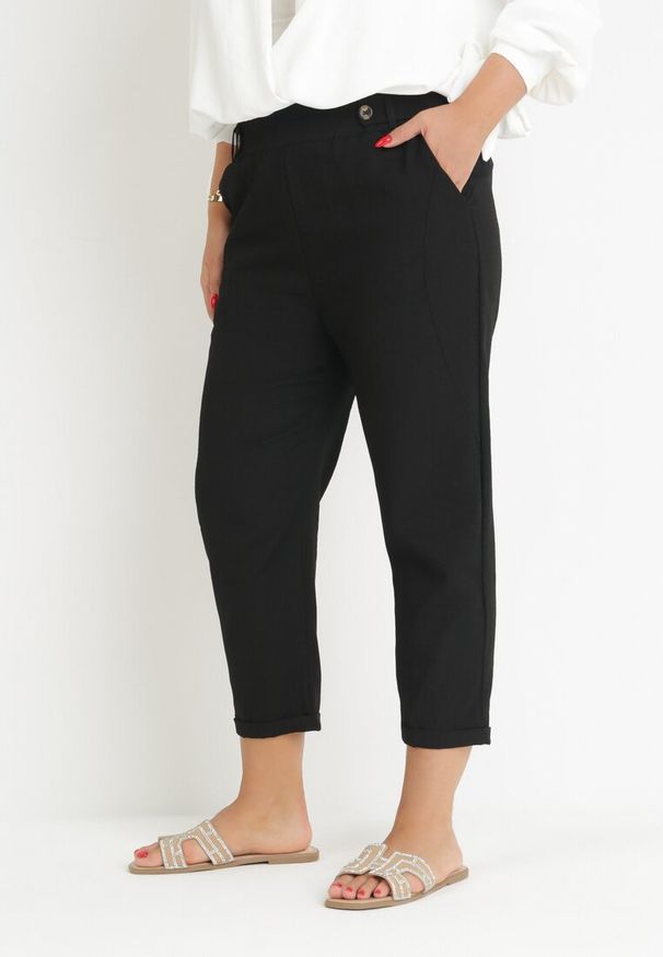 Born2be - Czarne Spodnie z Długimi Nogawkami i Gumką w Talii Nokash. Kolekcja: plus size. Kolor: czarny. Materiał: tkanina, włókno. Długość: długie. Wzór: gładki
