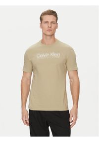 Calvin Klein T-Shirt Double Logo K10K114149 Beżowy Regular Fit. Kolor: beżowy. Materiał: bawełna