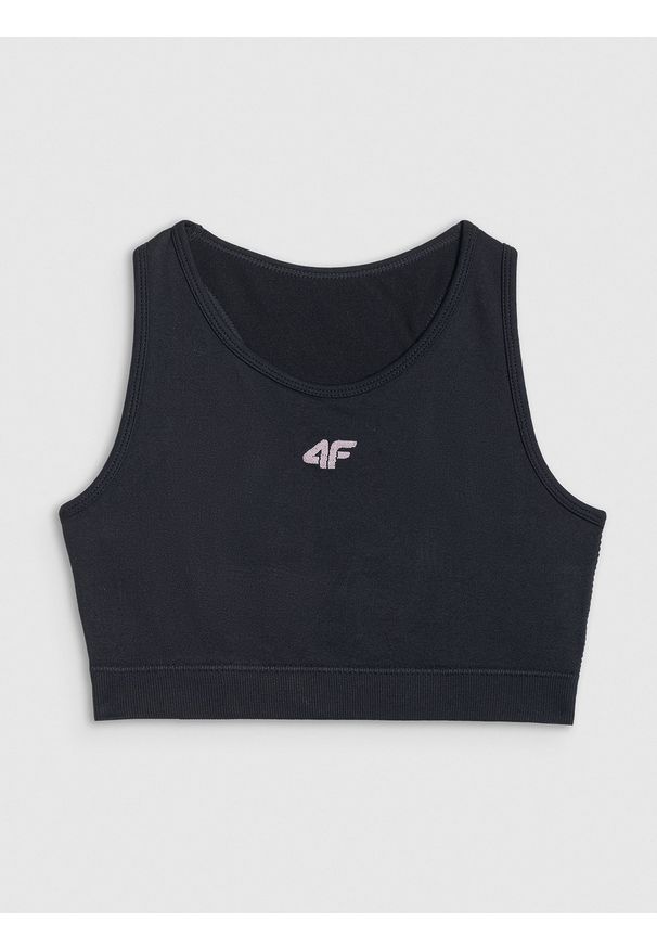 4f - 4F Crop top sportowy bezszwowy dziewczęcy - czarny 164 (13-14 lat). Okazja: na co dzień. Kolor: czarny. Materiał: skóra, materiał. Długość: krótkie. Sezon: lato. Styl: sportowy