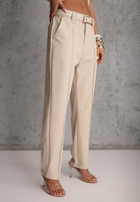 Renee - Beżowe Spodnie High Waist o Fasonie Cygaretek z Paskiem ze Sprzączką Glaclea. Stan: podwyższony. Kolor: beżowy. Styl: elegancki #4