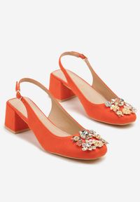 Renee - Pomarańczowe Sandały Vices na Słupku Slingback ze Skórzaną Wkładką i Cyrkoniami Nimirune. Okazja: na co dzień. Zapięcie: sprzączka. Kolor: pomarańczowy. Materiał: skóra. Wzór: aplikacja. Obcas: na słupku. Styl: casual. Wysokość obcasa: średni #5