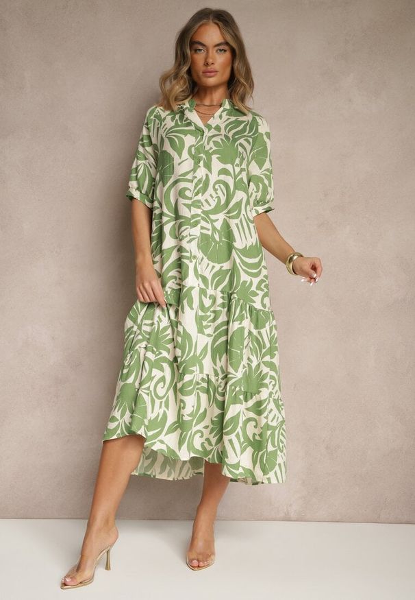 Renee - Zielona Rozkloszowana Sukienka z Wiskozy Ozdobiona Falbaną Filesenia. Kolor: zielony. Materiał: wiskoza. Wzór: aplikacja. Styl: elegancki