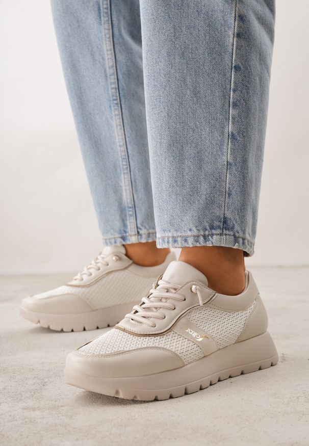 Born2be - Beżowe Sneakersy na Grubej Podeszwie ze Skórzaną Wkładką i Napisem Airarge. Okazja: na co dzień. Zapięcie: sznurówki. Kolor: beżowy. Materiał: skóra. Wzór: napisy