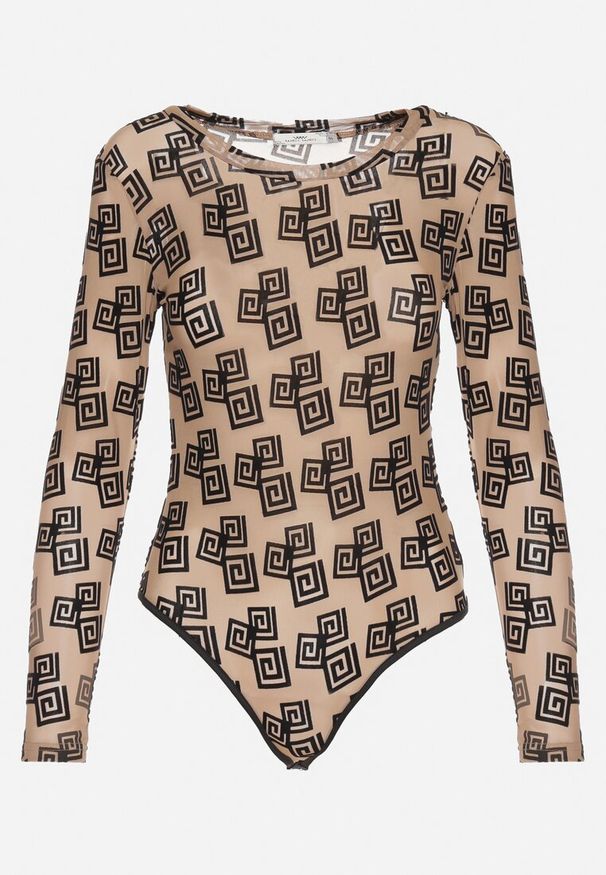 Born2be - Beżowe Siateczkowe Body Ozdobione Geometrycznym Wzorem Kieria. Kolor: beżowy. Materiał: materiał. Długość rękawa: długi rękaw. Długość: długie. Wzór: aplikacja, geometria