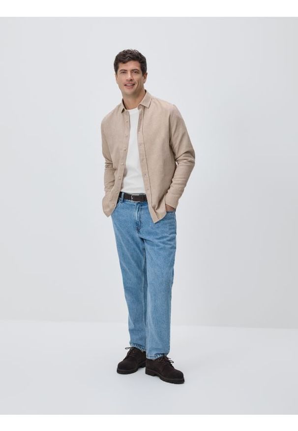 Reserved - Koszula slim z bawełny egipskiej - beżowy. Kolor: beżowy. Materiał: bawełna