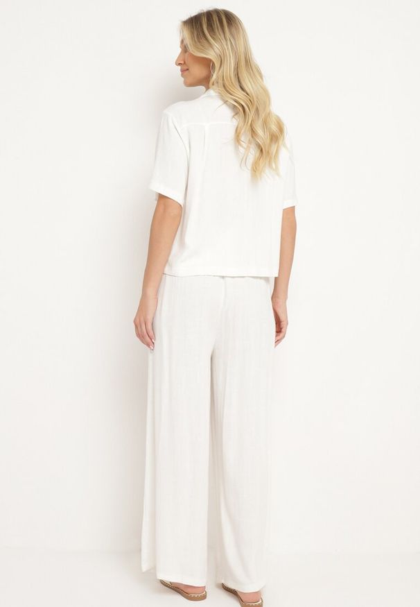 Born2be - Biały Komplet Koszula z Krótkim Rękawem i Kołnierzem Długie Spodnie Broretta. Kolor: biały. Materiał: bawełna. Wzór: aplikacja