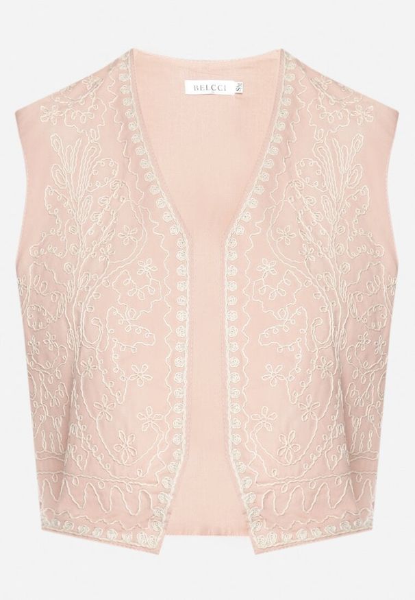 Born2be - Różowa Bawełniana Kamizelka Ozdobiona Haftem Belvanis. Okazja: na co dzień. Kolor: różowy. Materiał: bawełna. Wzór: aplikacja, haft. Styl: casual, elegancki