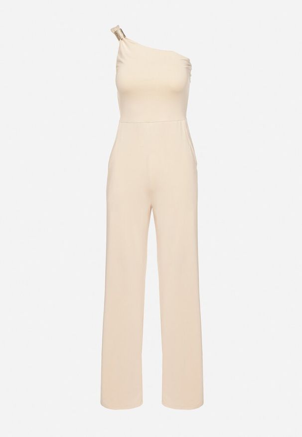 Born2be - Jasnobeżowy Asymetryczny Kombinezon na Jedno Ramię z Kieszeniami Efriele. Okazja: na randkę, na co dzień. Kolor: beżowy. Styl: casual