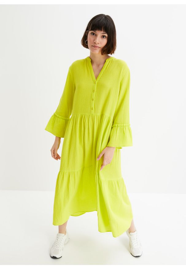 bonprix - Długa sukienka muślinowa. Kolor: zielony. Typ sukienki: oversize. Długość: maxi