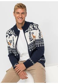 bonprix - Sweter rozpinany w norweski wzór, z bawełną. Typ kołnierza: kołnierzyk stójkowy. Kolor: niebieski. Materiał: bawełna. Wzór: prążki