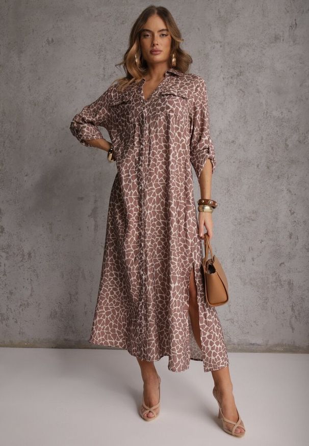 Renee - Beżowa Sukienka z Wiskozą o Koszulowym Kroju w Giraffe Print Braloria. Okazja: na randkę. Kolor: beżowy. Materiał: wiskoza. Wzór: nadruk. Typ sukienki: koszulowe. Styl: klasyczny