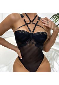 Intica - Body z paseczkami na wieczór regulowane wycięcia Ticuta. Kolor: czarny. Materiał: materiał. Wzór: paski #10