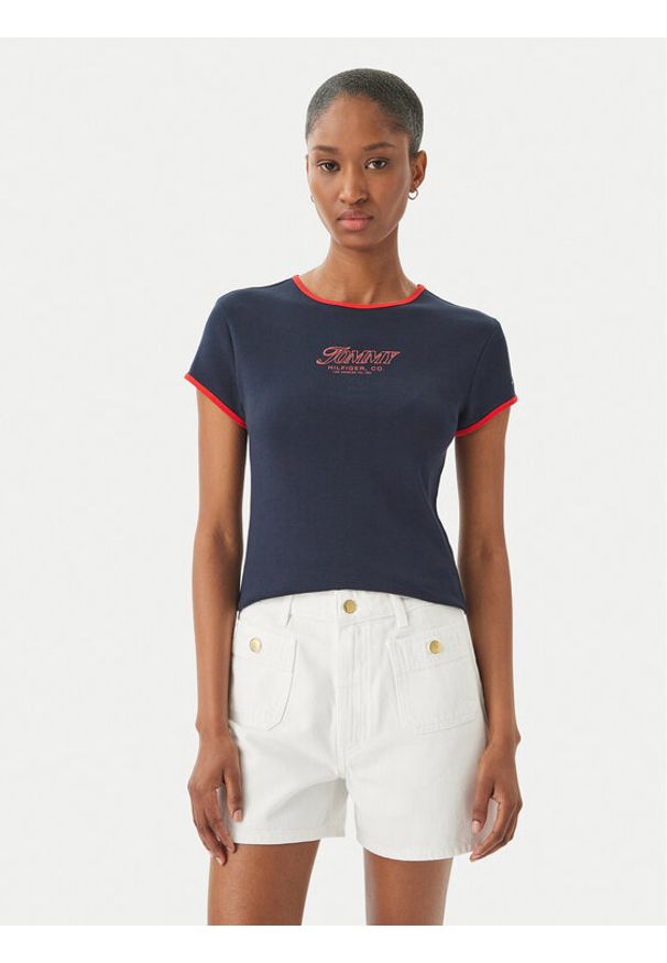 TOMMY HILFIGER - Tommy Hilfiger T-Shirt Logo Graphic Ringer WW0WW49245 Granatowy Slim Fit. Kolor: niebieski. Materiał: bawełna