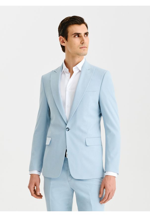 Pako Lorente - PAKO LORENTE - Błękitna marynarka garniturowa. Kolor: niebieski. Materiał: bawełna, elastan, wiskoza. Wzór: gładki