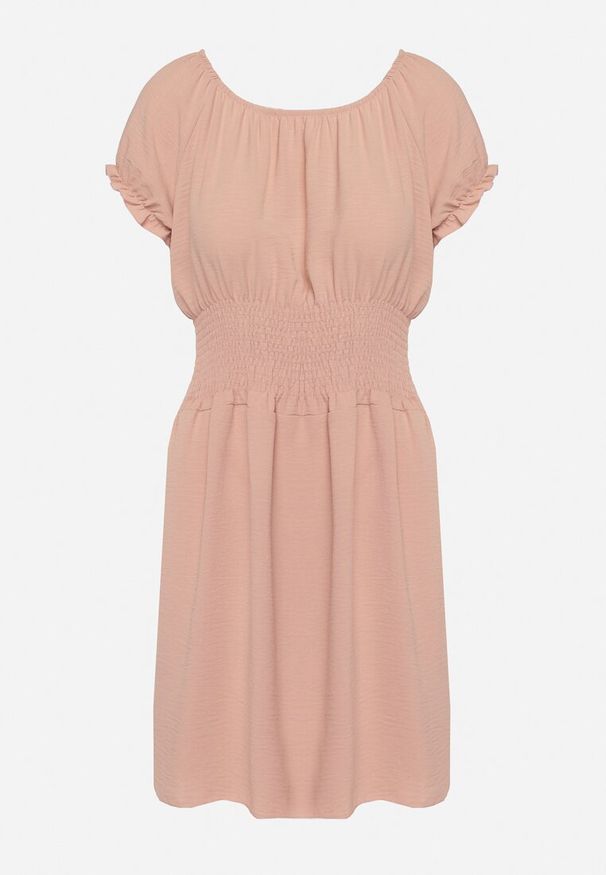 Born2be - Ciemnoróżowa Rozkloszowana Sukienka Typu Hiszpanka z Gumką w Pasie Tiadella. Okazja: na co dzień. Typ kołnierza: dekolt hiszpanka. Kolor: różowy. Długość rękawa: krótki rękaw. Sezon: wiosna, lato. Typ sukienki: proste. Styl: casual, elegancki