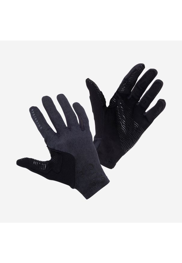 ROCKRIDER - Rękawiczki rowerowe MTB Rockrider Race Grip. Kolor: czarny. Materiał: skóra, włókno, materiał. Wzór: paski. Sport: bieganie