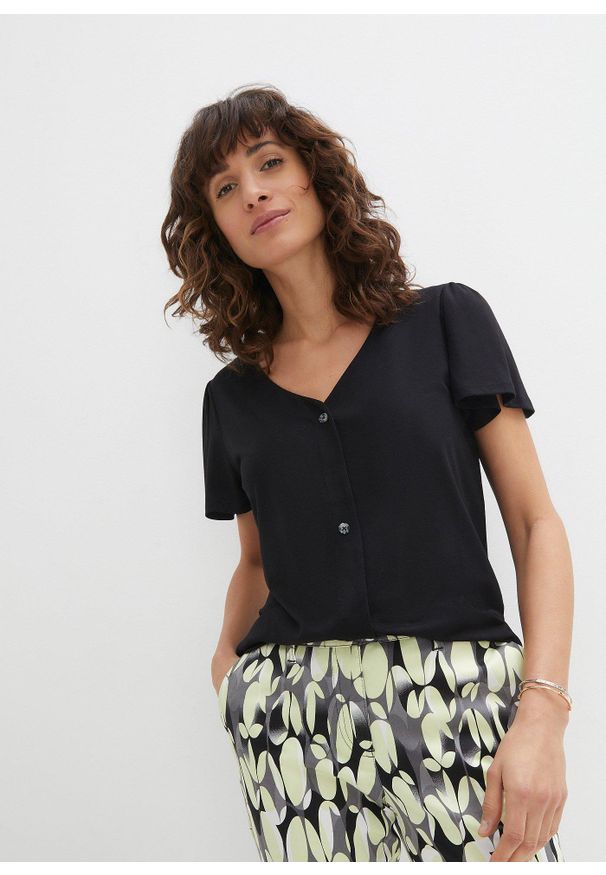 bonprix - Koszulka z plisą guzikową. Kolor: czarny. Styl: elegancki