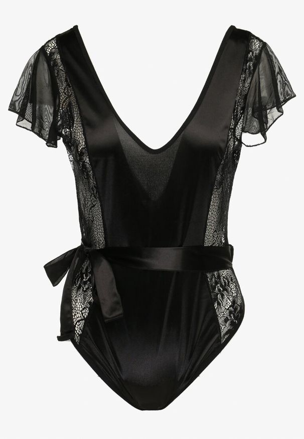 Born2be - Czarne Połyskujące Body z Trójkątnym Dekoltem Ozdobione Koronką i Wstążką Zaraei. Kolor: czarny. Materiał: koronka. Wzór: aplikacja, koronka