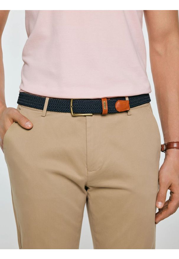 Big-Star - pasek męski pleciony ze skórzanymi wstawkami granatowy abris 403. Kolor: niebieski. Materiał: skóra. Styl: casual, elegancki