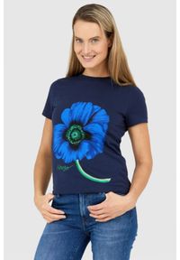 Kenzo - KENZO Granatowy t-shirt damski z niebieskim makiem. Kolor: niebieski #1