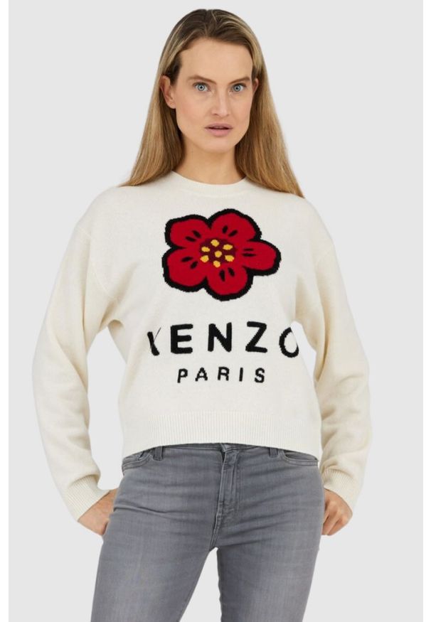 Kenzo - KENZO Kremowy sweter damski boke flower, Rozmiar S. Kolor: biały
