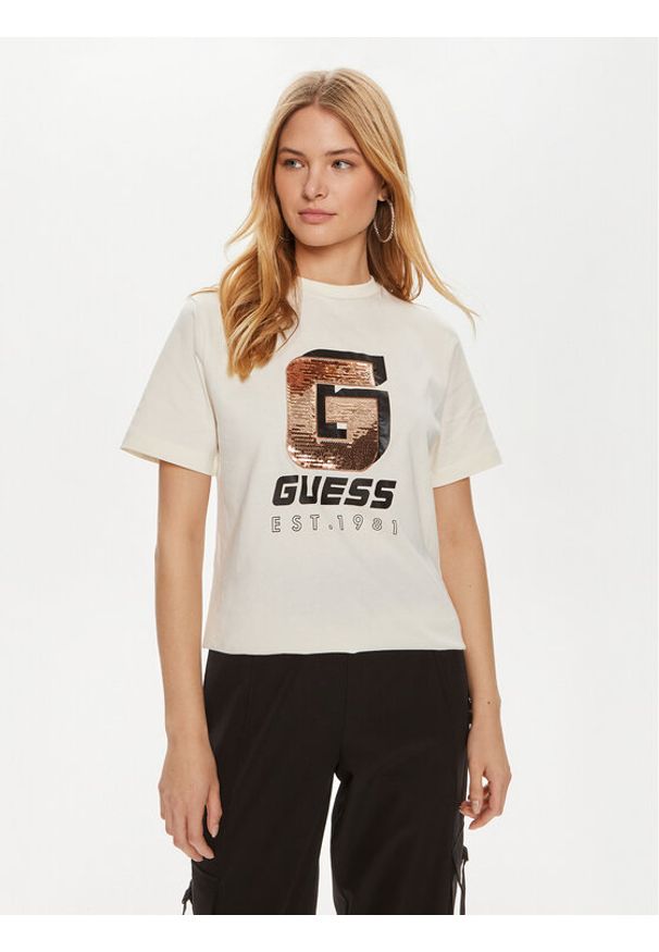 Guess T-Shirt Ines V4YI07 I3Z14 Écru Regular Fit. Materiał: bawełna