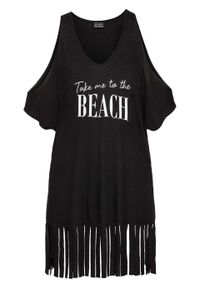 Shirt plażowy z wycięciami i frędzlami bonprix czarny. Okazja: na plażę. Kolor: czarny #1