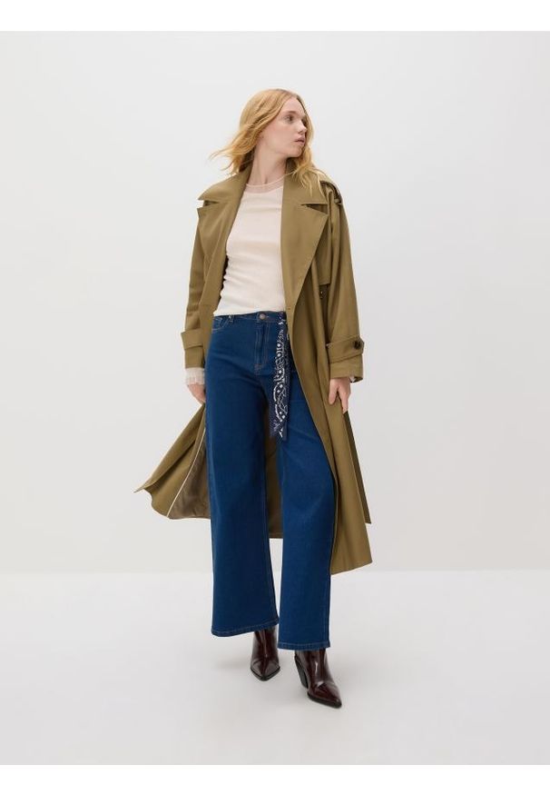 Reserved - Jeansy wide leg z bandaną - granatowy. Kolor: niebieski