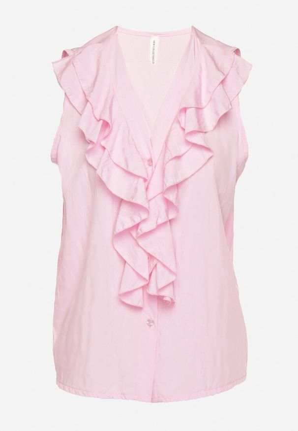 Born2be - Jasnoróżowa Koszula Bez Rękawów z Wiskozą z Dekoltem w Serek i Falbaną Arlimi. Okazja: na co dzień. Typ kołnierza: dekolt w serek. Kolor: różowy. Materiał: wiskoza. Długość rękawa: bez rękawów. Styl: elegancki, klasyczny, casual