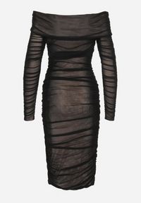 Born2be - Czarna Marszczona Sukienka Siateczkowa Hiszpanka z Wywiniętym Dekoltem Tinaveris. Typ kołnierza: dekolt hiszpanka. Kolor: czarny. Długość rękawa: długi rękaw. Sezon: lato. Styl: klasyczny, elegancki #4