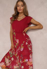 Renee - Bordowa Sukienka Keepey. Kolor: czerwony. Długość rękawa: krótki rękaw. Wzór: nadruk, kwiaty. Sezon: lato. Długość: midi #5