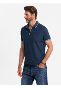 Ombre Clothing - Koszulka męska polo z dzianiny pique bez guzików - granatowa V3. Okazja: do pracy, na co dzień. Typ kołnierza: polo. Kolor: niebieski. Materiał: dzianina. Wzór: aplikacja, ze splotem, paski. Styl: klasyczny, sportowy, wizytowy, casual #8