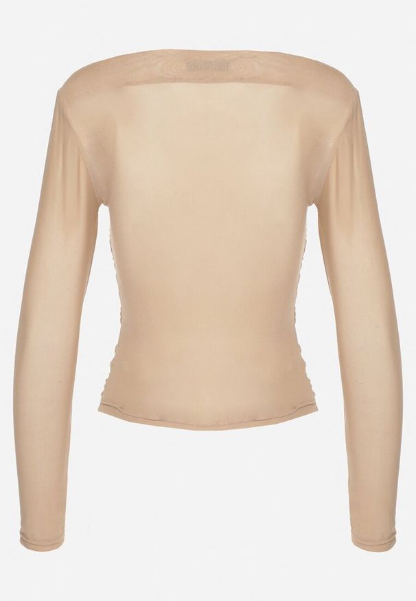 Born2be - Beżowa Bluzka Siateczkowa z Marszczeniem i Kwiatową Aplikacją Nelimor. Okazja: na co dzień. Kolor: beżowy. Materiał: bawełna, jeans. Wzór: aplikacja, kwiaty. Styl: casual, elegancki