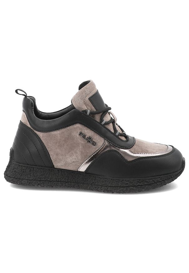 Sneakersy damskie Filippo, skórzane na płaskiej podeszwie sznurowane z okrągłym noskiem, taupe-czarne, DP7406-TP-BK. Okazja: na spacer, na co dzień. Nosek buta: okrągły. Kolor: czarny. Materiał: skóra. Obcas: na płaskiej podeszwie. Sport: turystyka piesza