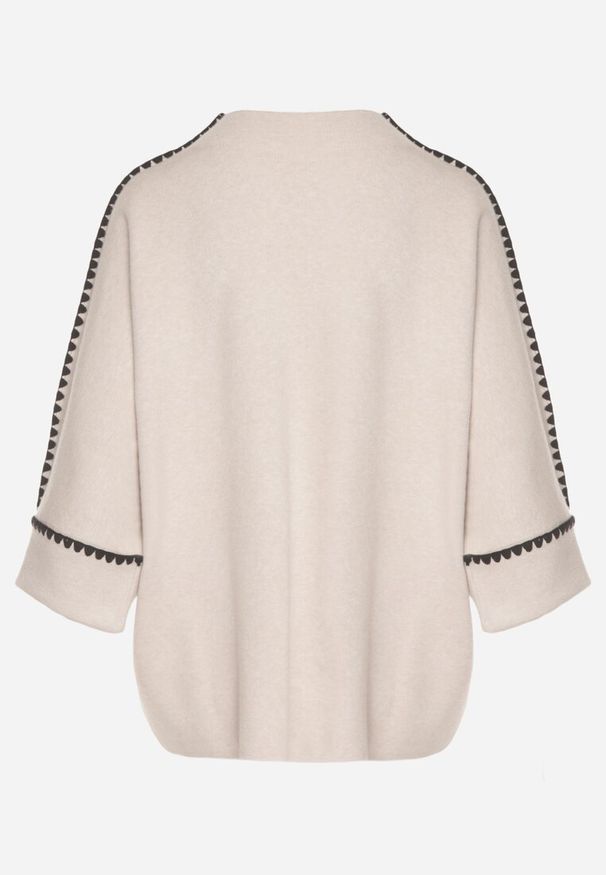 Born2be - Beżowy Sweter z Kontrastową Lamówką Tuselle. Okazja: na spotkanie biznesowe, do pracy. Kolor: beżowy. Materiał: jeans. Styl: biznesowy