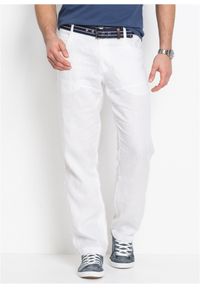 bonprix - Spodnie lniane z wywijanymi nogawkami Regular Fit. Kolor: biały. Materiał: len. Długość: do kolan