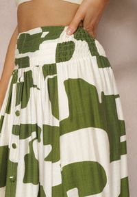 Renee - Zielono-Beżowa Rozkloszowana Spódnica High Waist z Gumką w Talii i Guzikami Tinasshi. Stan: podwyższony. Kolor: zielony. Materiał: tkanina. Sezon: lato #4