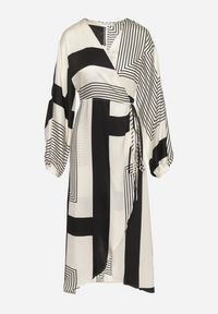 Born2be - Beżowo-Czarna Sukienka Kopertowa Kimono z Geometrycznym Wzorem i Wiązanym Paskiem Klerossa. Kolor: beżowy. Materiał: materiał. Długość rękawa: długi rękaw. Wzór: geometria. Typ sukienki: kopertowe #5