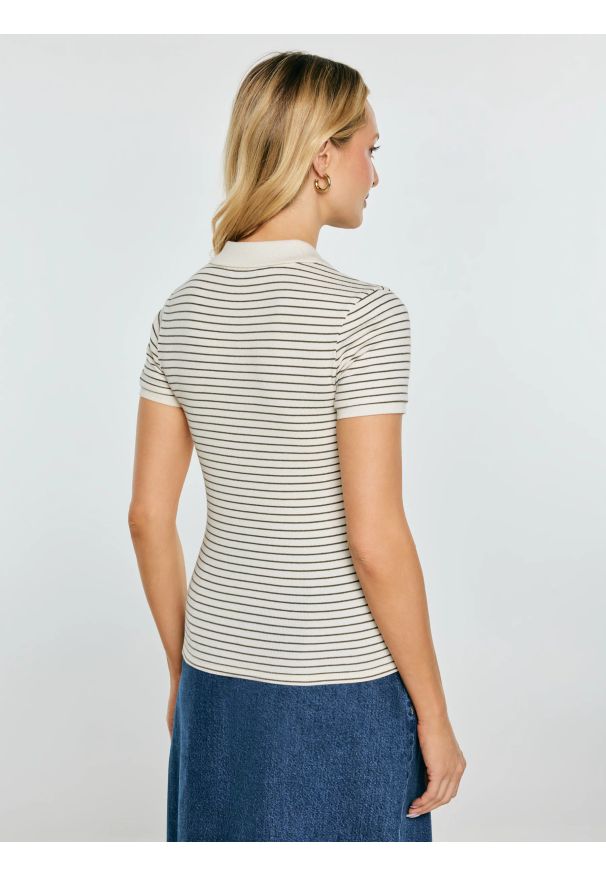Big-Star - Koszulka damska polo w paski perłowa Rellma 103. Typ kołnierza: polo. Kolor: kremowy. Materiał: prążkowany, dzianina. Wzór: paski. Styl: elegancki, klasyczny