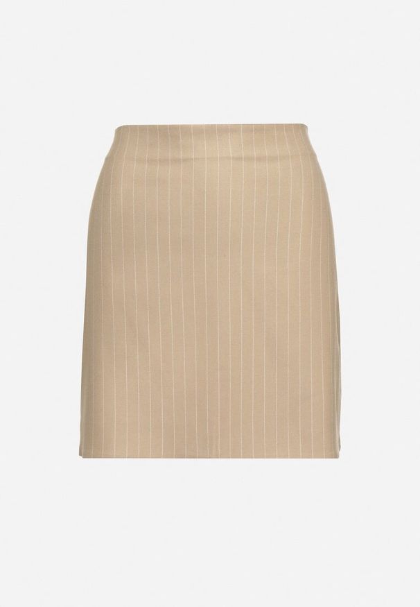 Born2be - Beżowa Ołówkowa Spódnica z Wiskozą Ozdobiona Paskami Zozicea. Okazja: na co dzień. Kolor: beżowy. Materiał: wiskoza. Wzór: aplikacja. Sezon: wiosna, lato. Styl: casual, elegancki, klasyczny