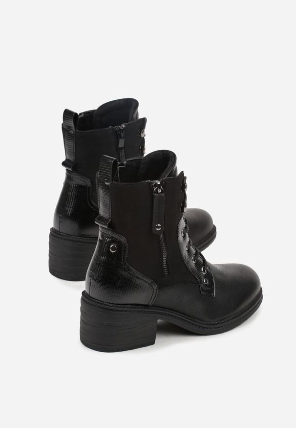 Born2be - Czarne Botki Trzewiki na Klockowym Obcasie Zdobione Suwakiem Salittea. Okazja: na co dzień, do pracy, na spotkanie biznesowe. Kolor: czarny. Materiał: dzianina, jeans. Wzór: aplikacja. Obcas: na obcasie. Styl: biznesowy, casual, elegancki. Wysokość obcasa: średni