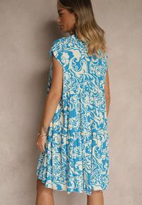 Renee - Niebieska Sukienka Oversize z Bawełny z Ornamentnym Wzorem Folazea. Okazja: na co dzień. Kolor: niebieski. Materiał: bawełna. Sezon: lato. Typ sukienki: oversize. Styl: elegancki, casual #3