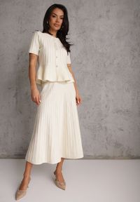 Renee - Beżowy Komplet z Wiskozą Bluzka z Guzikami i Baskinką i Spódnica Narinna. Kolor: beżowy. Materiał: wiskoza #1