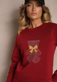 Renee - Bordowy Ocieplany Komplet Dresowy z Bawełny Zdobiony Cyrkoniami Bluza i Spodnie z Gumką Nelionis. Kolor: czerwony. Materiał: bawełna, dresówka. Wzór: aplikacja