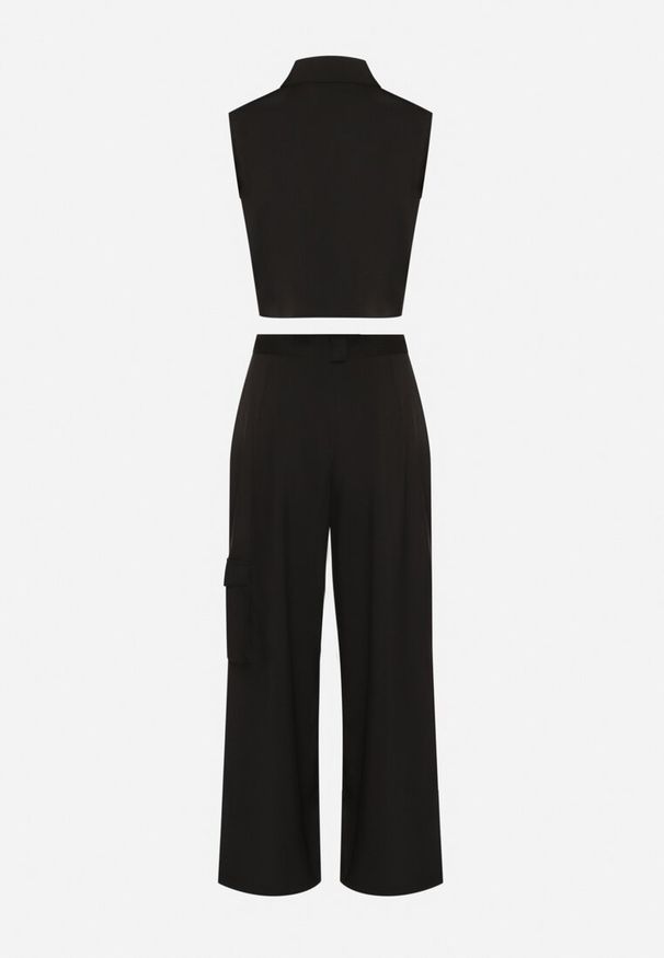 Born2be - Czarny Komplet w Stylu Cargo Kamizelka z Kołnierzykiem i Szerokie Spodnie Zireva. Kolor: czarny