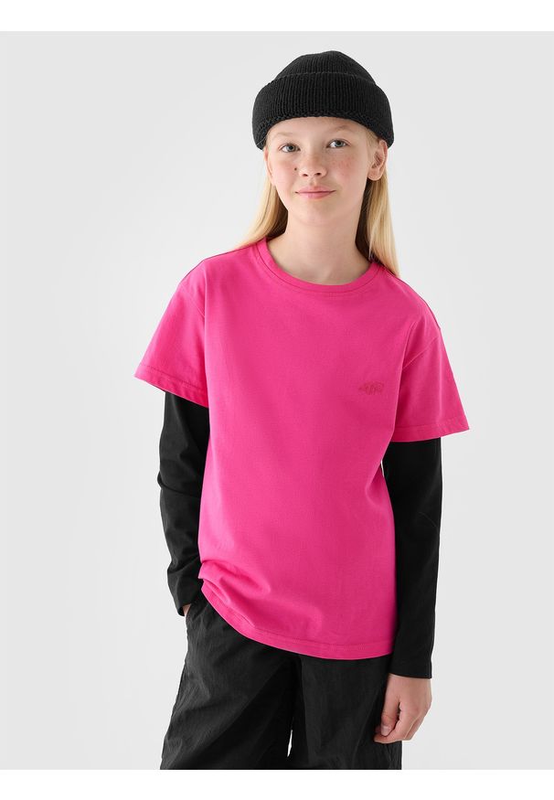 4f - 4F T-shirt gładki dziewczęcy - różowy 122 (6-7 lat). Okazja: na co dzień. Kolor: różowy. Materiał: dzianina, bawełna, jersey. Długość rękawa: krótki rękaw. Długość: krótkie. Wzór: gładki. Sezon: lato. Styl: klasyczny, sportowy, casual