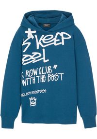 bonprix - Bluza z kapturem z nadrukiem graffiti z czystej bawełny organicznej. Typ kołnierza: kaptur. Kolor: niebieski. Materiał: bawełna. Wzór: nadruk #1