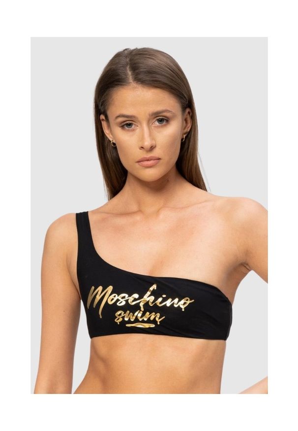 MOSCHINO Asymetryczna góra od bikini ze złotym logo, Rozmiar XS. Kolor: czarny. Wzór: nadruk