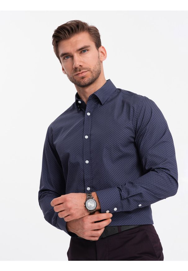 Ombre Clothing - Męska koszula bawełniana we wzory SLIM FIT - ciemnoniebieska V1 - Rozmiar: XXL. Kolor: niebieski. Materiał: bawełna. Styl: klasyczny
