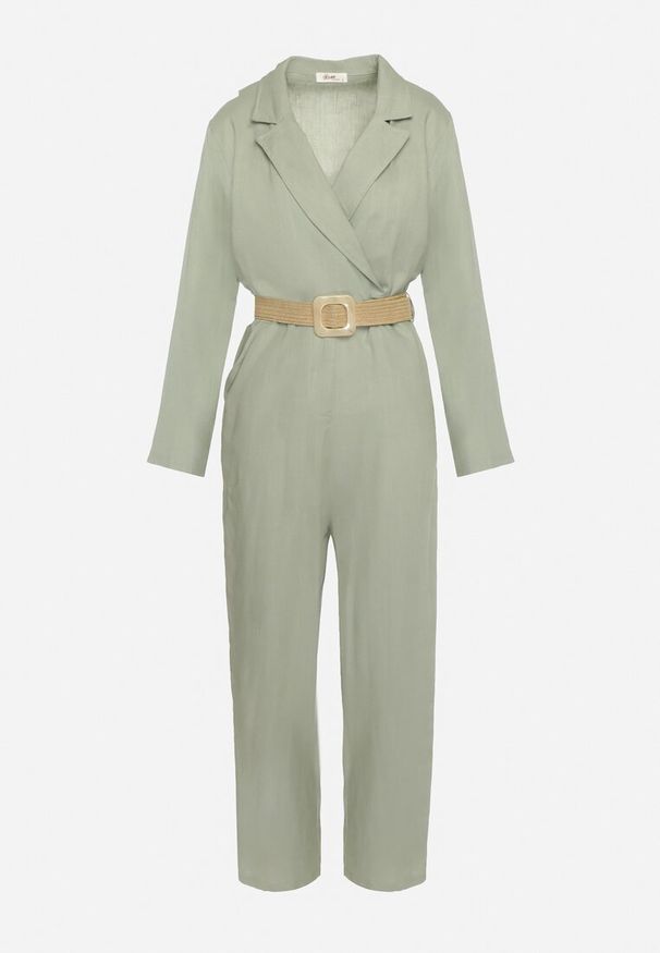 Born2be - Zielony Kombinezon z Kopertową Górą z Paskiem Plecionki i Dopasowanymi Nogawkami Ifnaa. Kolor: zielony